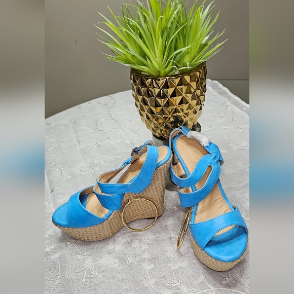 Tweed aqua blue wedge sandals - Picture 2 of 4